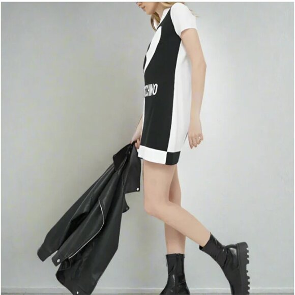 Love Moschino Mini Sweater Dress Black White Heart Logo Cotton IT40 US 8 - Picture 6 of 8